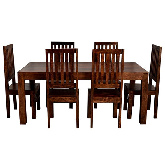 Toko Solid Mango Wood Dining Table With 6 Chairs In Dark Mahogany