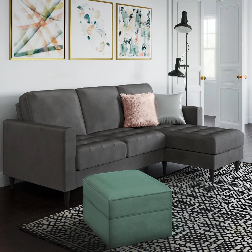 Strummer Velvet Reversible Corner Sofa In Grey With Black Legs