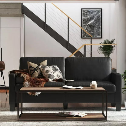 Rylie Faux Leather 2 Seater Sofa In Black With Wood Pyramid Legs
