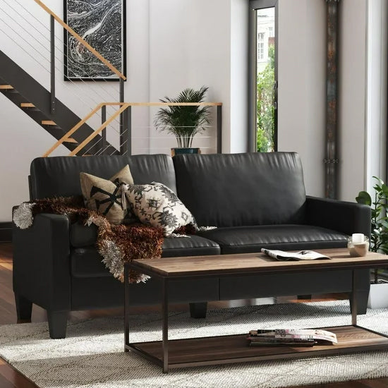 Rylie Faux Leather 2 Seater Sofa In Black With Wood Pyramid Legs