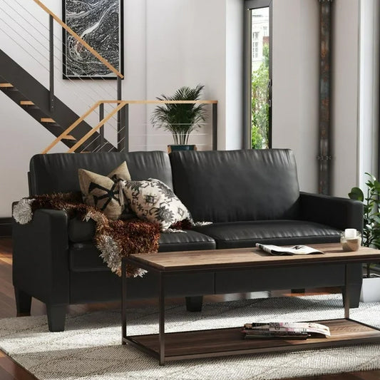 Rylie Faux Leather 2 Seater Sofa In Black With Wood Pyramid Legs