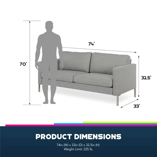 Fabry Linen Fabric 2 Seater Sofa In Grey With Chrome Metal Legs