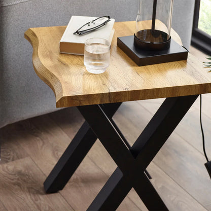 Harvey Square Wooden Lamp Table In Oak With Matt Black Steel Crossed Legs