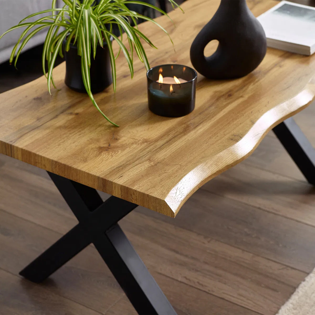 Harvey Wooden Coffee Table In Oak With Matt Black Steel Crossed Legs