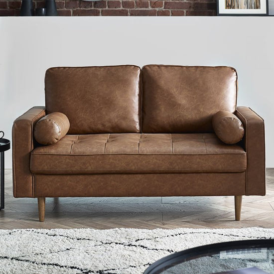 Henley Faux Leather 2 Seater Sofa With Bolsters In Brown Tan