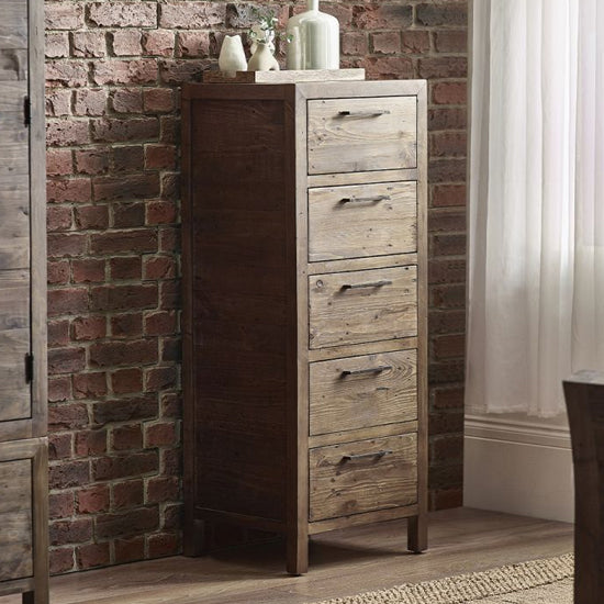 Heritage Narrow Wooden Chest Of 5 Drawers In Reclaimed Pine