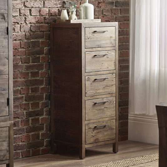 Heritage Narrow Wooden Chest Of 5 Drawers In Reclaimed Pine