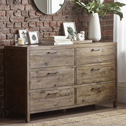 Heritage Wide Wooden Chest Of 6 Drawers In Reclaimed Pine