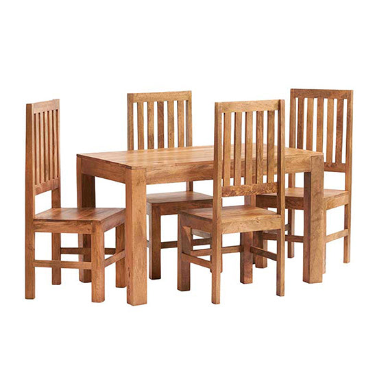 Toko Solid Mango Wood Dining Table With 4 Chairs In Light Mahogany