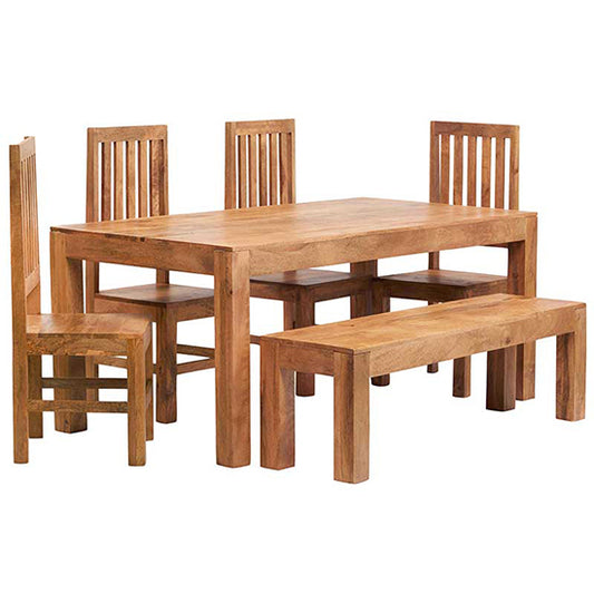 Toko Solid Mango Wood Dining Table With 4 Chairs And Bench In Light Mahogany