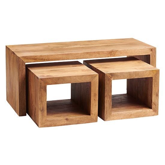Toko Solid Mango Wood Set Of 3 Coffee Tables In Light Mahogany