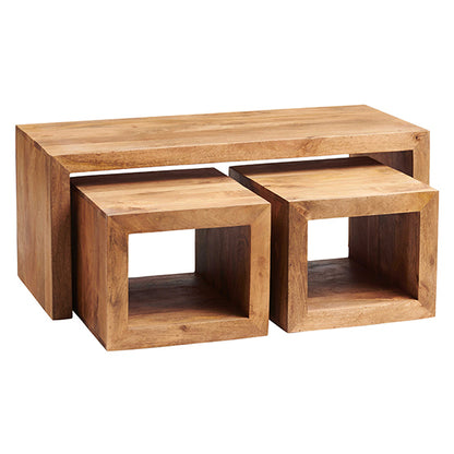 Toko Solid Mango Wood Set Of 3 Coffee Tables In Light Mahogany