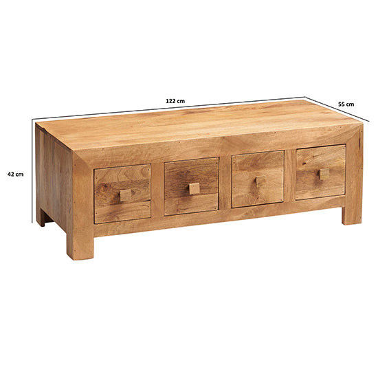Toko Solid Mango Wood Coffee Table With 8 Drawers In Light Mahogany