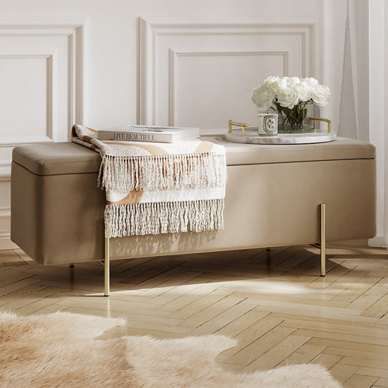 Lola Velvet Storage Ottoman In Beige With Brushed Gold Legs