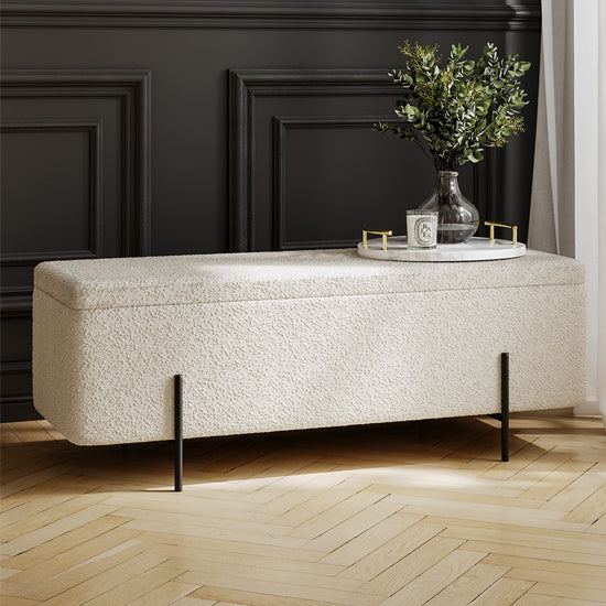 Lola Boucle Storage Ottoman In Ivory With Matte Black Legs