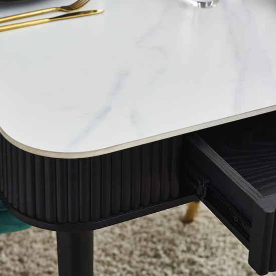 Louis Wooden Fluted Stone Top Dining Table With Drawers In Black Ash