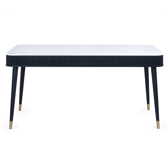 Louis Wooden Fluted Stone Top Dining Table With Drawers In Black Ash