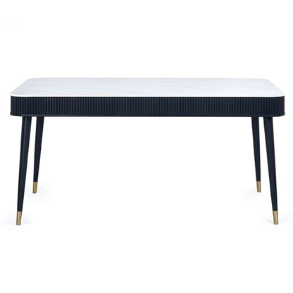 Louis Wooden Fluted Stone Top Dining Table With Drawers In Black Ash