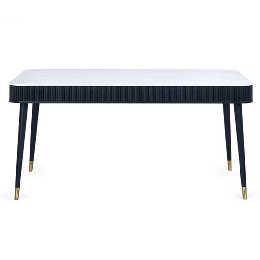 Louis Wooden Fluted Stone Top Dining Table With Drawers In Black Ash