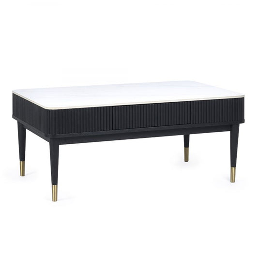 Louis Wooden Fluted Stone Top Coffee Table With 2 Drawers In Black Ash