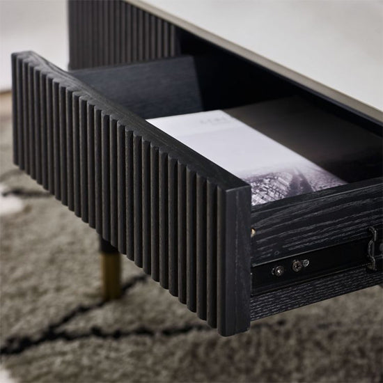 Louis Wooden Fluted Stone Top Coffee Table With 2 Drawers In Black Ash