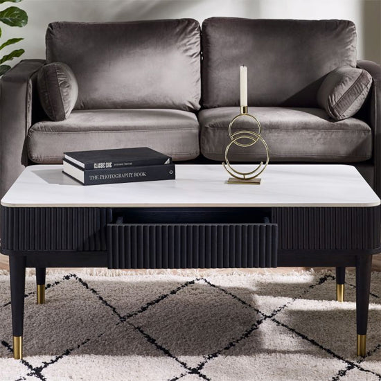 Louis Wooden Fluted Stone Top Coffee Table With 2 Drawers In Black Ash