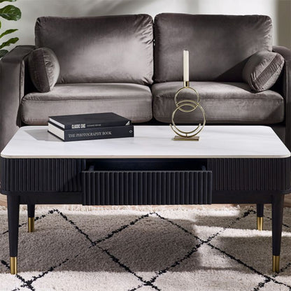 Louis Wooden Fluted Stone Top Coffee Table With 2 Drawers In Black Ash