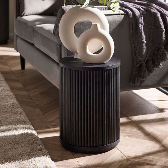 Louis Wooden Fluted Side Table With Door In Black Ash