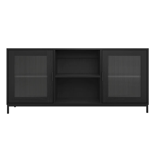 Maddox Wooden TV Stand With 2 Doors In Matte Black And Reeded