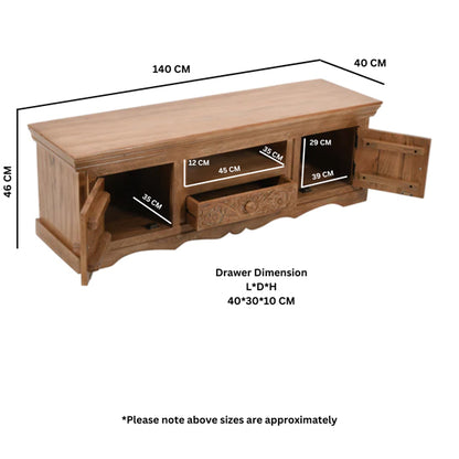 Artwork Solid Mango Wood TV Stand With 2 Doors 1 Drawer In Oak