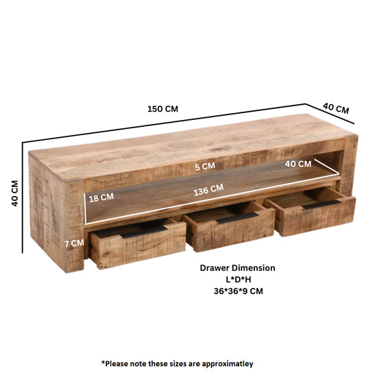 Surrey Solid Mango Wood Large TV Stand With 3 Drawers In Rough Swan