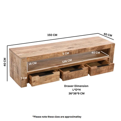 Surrey Solid Mango Wood Large TV Stand With 3 Drawers In Rough Swan