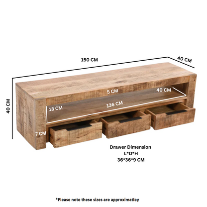Surrey Solid Mango Wood Large TV Stand With 3 Drawers In Rough Swan