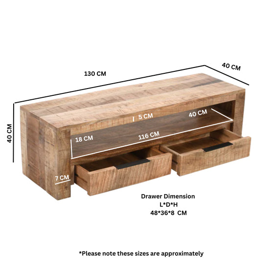 Surrey Solid Mango Wood Small TV Stand With 2 Drawers In Rough Swan