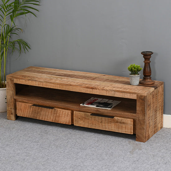 Surrey Solid Mango Wood Small TV Stand With 2 Drawers In Rough Swan
