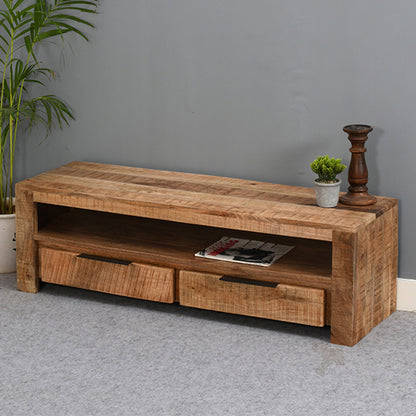 Surrey Solid Mango Wood Small TV Stand With 2 Drawers In Rough Swan