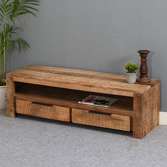 Surrey Solid Mango Wood Small TV Stand With 2 Drawers In Rough Swan
