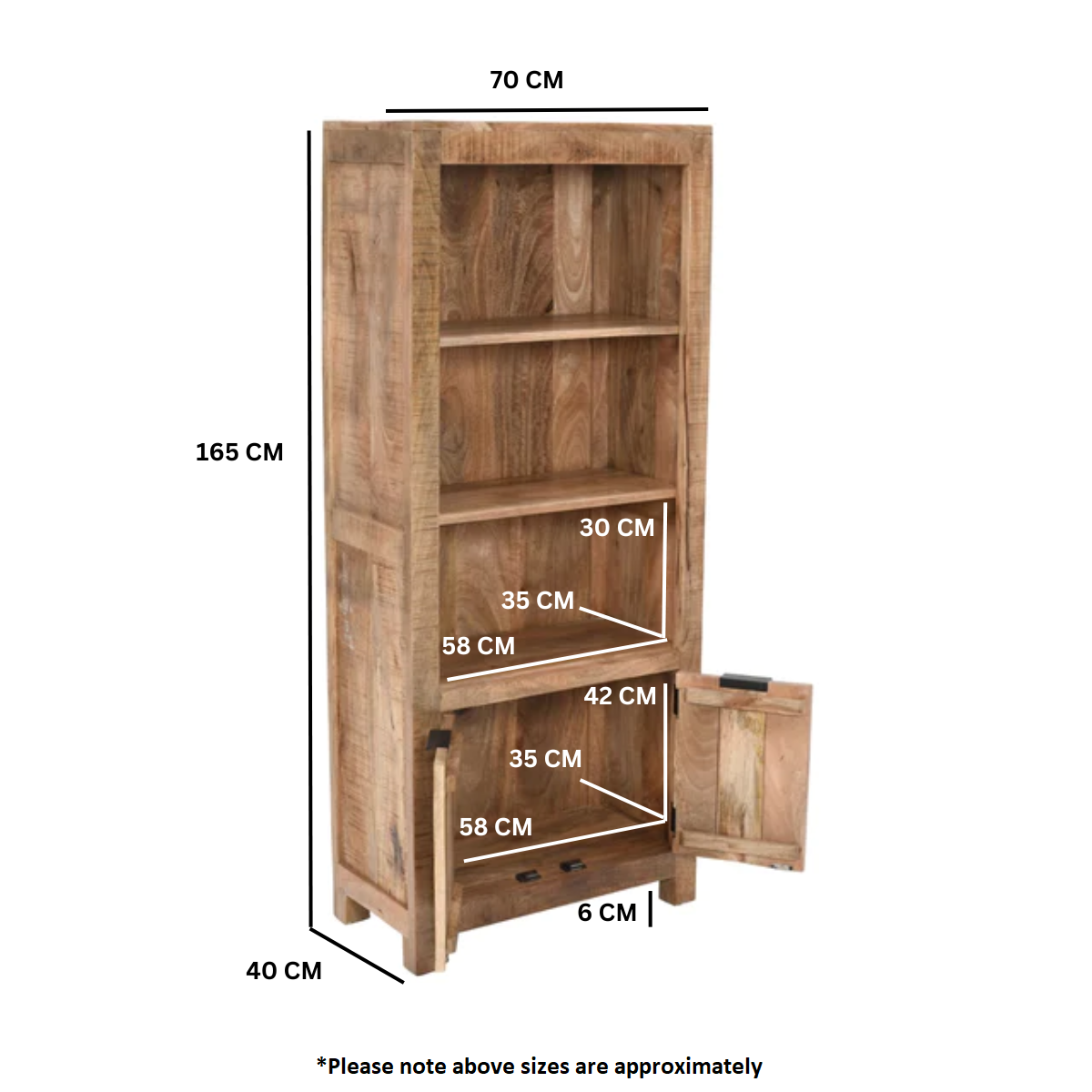 Surrey Solid Mango Wood Bookcase With 2 Doors In Rough Swan