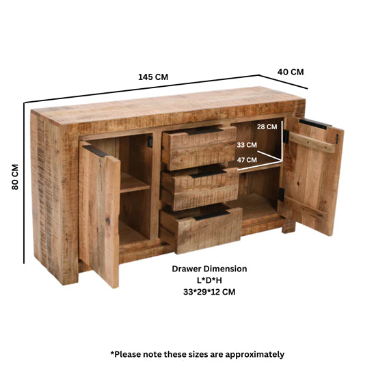 Surrey Solid Mango Wood Large Sideboard 2 Doors And 3 Drawers In Rough Swan