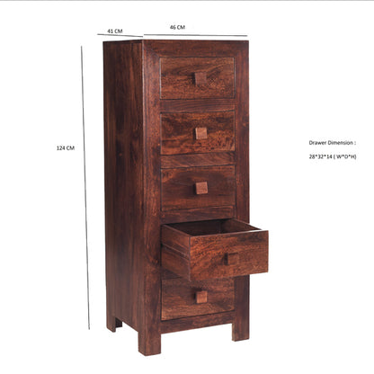 Toko Solid Mango Wood Chest Of 5 Drawers In Dark Mahogany