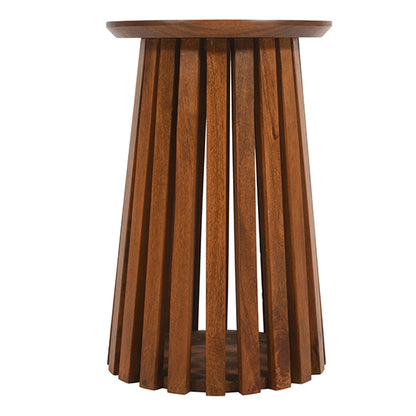 Slatted Mango Wood Round Side Table In Walnut