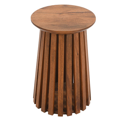 Slatted Mango Wood Round Side Table In Walnut