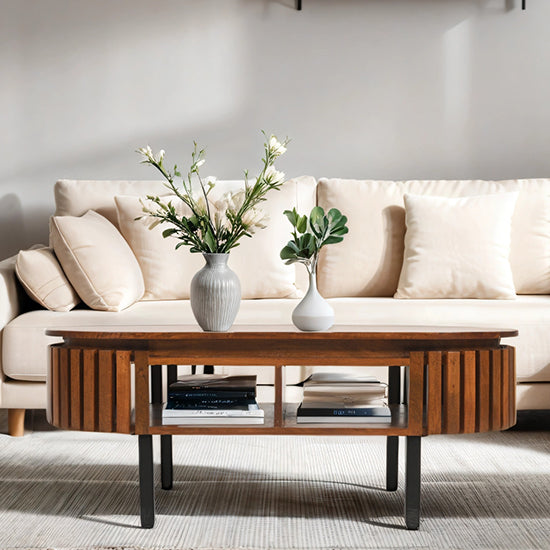 Slatted Mango Wood Rectangular Coffee Table In Walnut