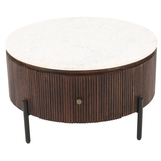 Opal White Marble Top And Mango Wood Round Coffee Table In Dark Mahogany