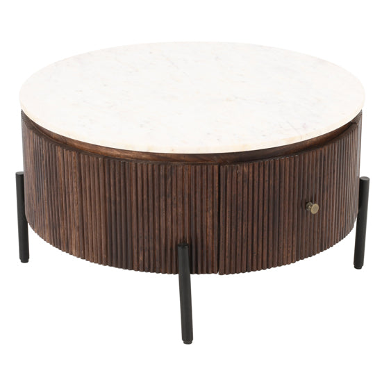 Opal White Marble Top And Mango Wood Round Coffee Table In Dark Mahogany