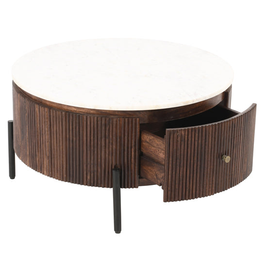Opal White Marble Top And Mango Wood Round Coffee Table In Dark Mahogany
