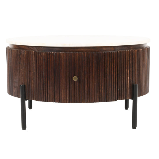 Opal White Marble Top And Mango Wood Round Coffee Table In Dark Mahogany