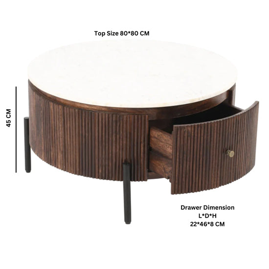 Opal White Marble Top And Mango Wood Round Coffee Table In Dark Mahogany
