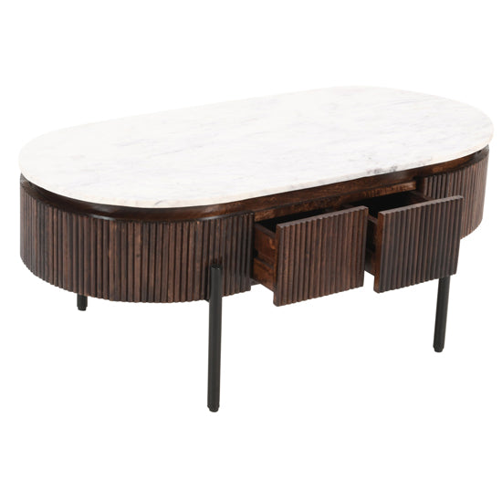 Opal White Marble Top And Mango Wood Coffee Table In Dark Mahogany