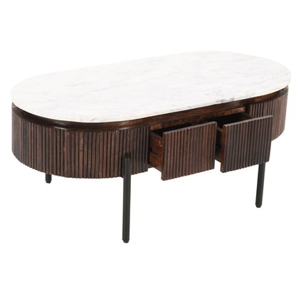 Opal White Marble Top And Mango Wood Coffee Table In Dark Mahogany